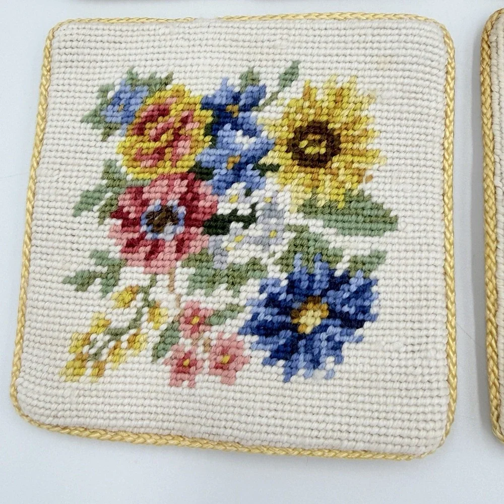 VTG Needlepoint Floral Coasters Set of 4 Handmade Needlepoint Square Drink Mats